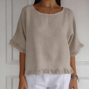 Women's Summer Ruffle Hem Short Sleeve Shirt Casual Loose Fit Round Neck Blouse - 1 of 4