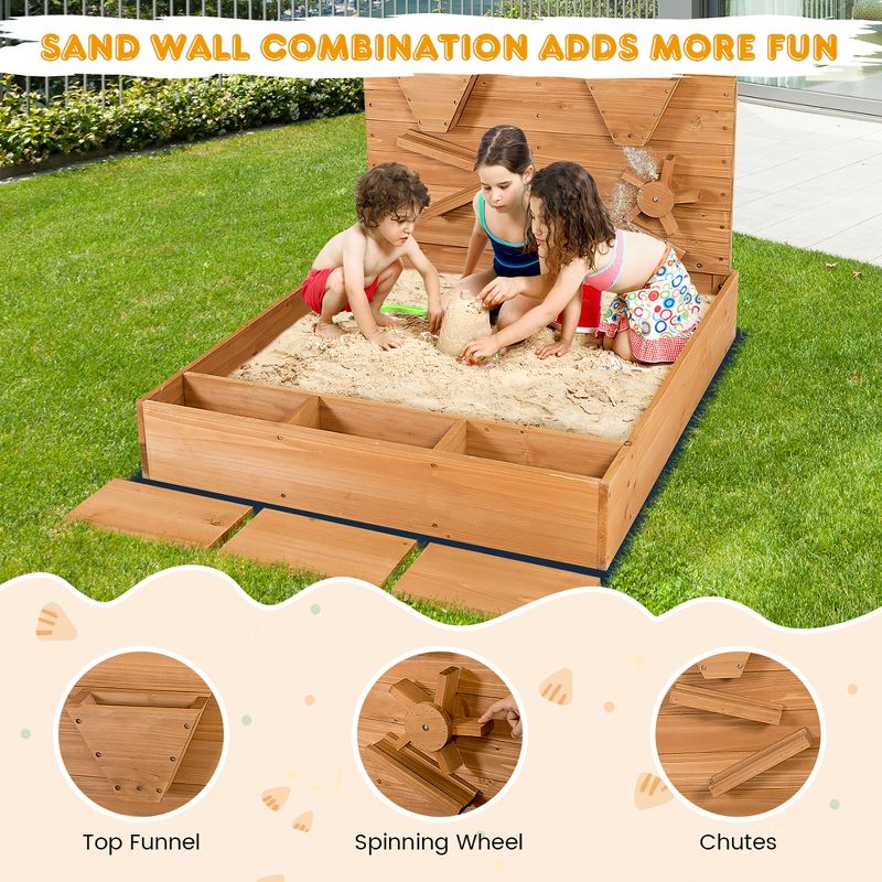 Costway Wooden Sandbox w/ Sand Wall & Cover & Bottom Liner for Kids Outdoor, 5 of 11