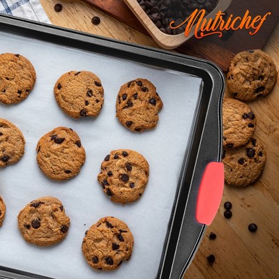 NutriChef 15" Non-Stick Carbon Steel Cookie Sheet with Red Silicone Handles