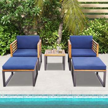 Costway 5pcs Patio Acacia Wood Cushioned Chair Ottoman Table Furniture Set Outdoor Navy