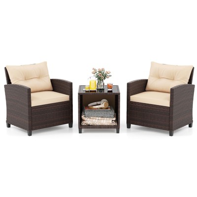 Tangkula 3-Piece Patio Furniture Set PE Rattan Conversation Set w/ Glass Coffee Table Outdoor