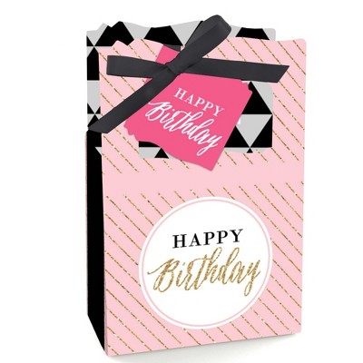 Big Dot of Happiness Chic Happy Birthday - Pink, Black and Gold - Party Favor Boxes - Set of 12