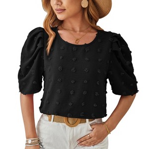 Coolmee Women's Puff Short Sleeve Casual Tops Fashion Polka Dot Crew Neck Blouses Dressy Ladies Summer Tops - 1 of 4