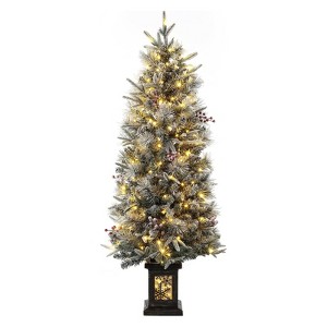 4.5 Ft Artificial Christmas Tree with 200 Warm White  Lights and Red Berries Potted Base Holiday Xmas Tree - 1 of 4
