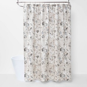 Neutral Floral Shower Curtain - Threshold™: Cotton Fabric, Botanical Design, Machine Washable, Buttonhole Top - 1 of 3