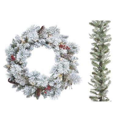 Noma 24 Inch Pre-lit Battery Operated Frosted Fir Artificial Indoor Wreath  And 9 Foot Garland Holiday Mantle Decor With Warm White Led Lights, Green :  Target