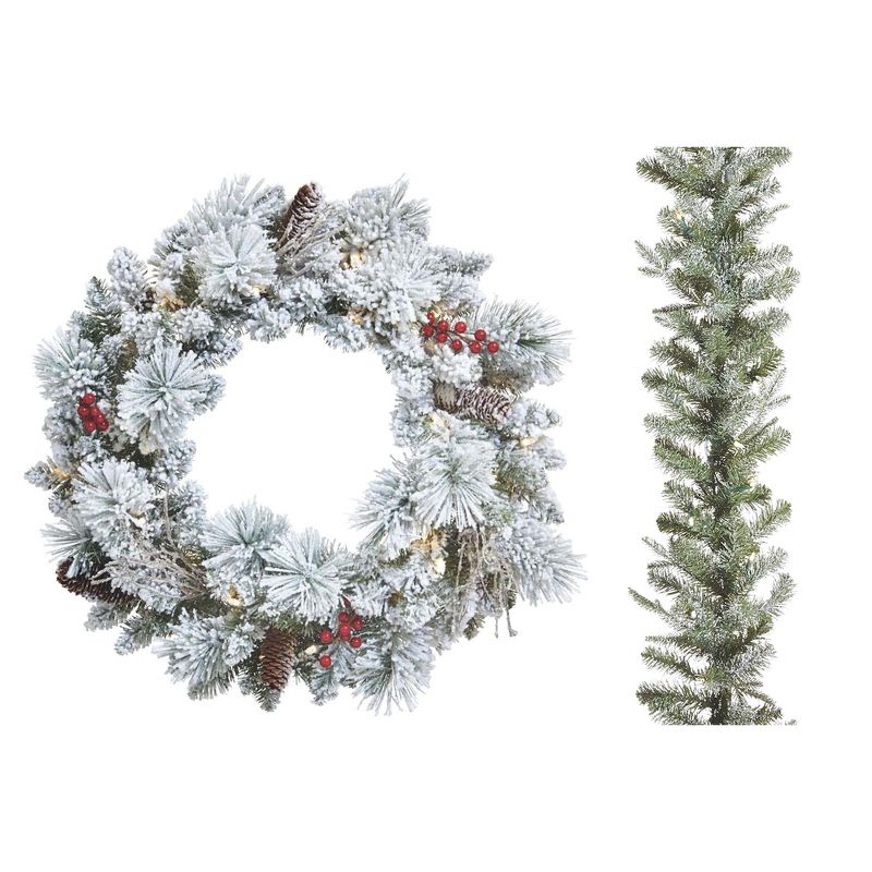 NOMA Snow Dusted 24 Inch Pre Lit Battery Operated Artificial Christmas Wreath with Frosted Fir 9 Foot Christmas Garland Home Holiday Mantle Decor, 1 of 7