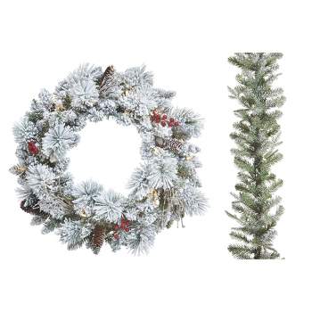 NOMA Snow Dusted 24 Inch Pre Lit Battery Operated Artificial Christmas Wreath with Frosted Fir 9 Foot Christmas Garland Home Holiday Mantle Decor