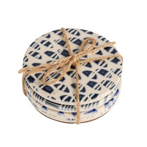 Storied Home 4-Piece Round Stoneware Coasters with Pattern, Blue and White - 1 of 4