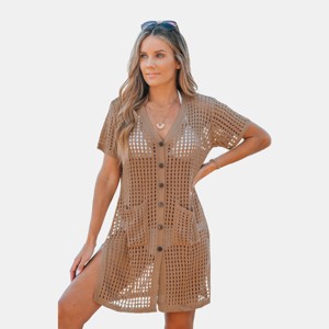 Women's Open Crochet Front Button Cover-Up - Cupshe - 1 of 4