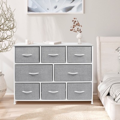 White and Gray 8-Drawer Fabric Dresser with Steel Frame