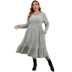 BLUEMING Womens Plus Size Ribbed Knit Sweater Dress Long Sleeve Square Neck Flowy Comfy Casual Dress - 1 of 4