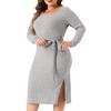 Agnes Orinda Women's Plus Size Long Sleeve Round Neck Ribbed Split Hem Tie Waist Midi Sweater Dress - 2 of 4