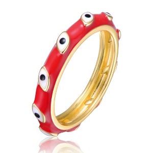 Guili 14K Gold Plated Slim Bamboo Stacking Ring with White Evil Eye Enamel – A Chic & Protective Piece for Kids & Teens in Blue or Red, Sizes 3-7. - 1 of 3