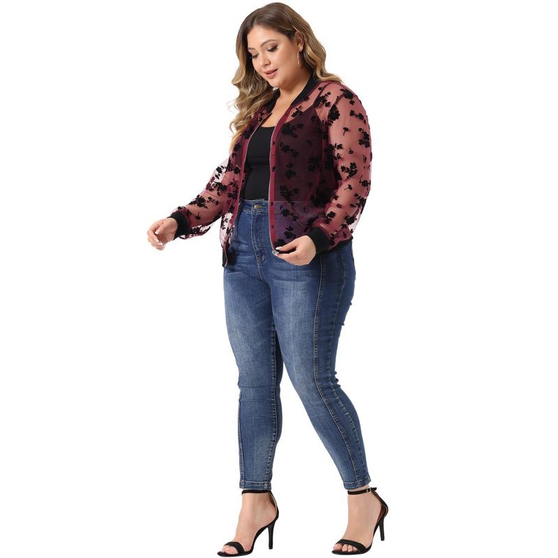 Agnes Orinda Women's Plus Size Bomber Mesh Sheer Floral Lace Long Sleeve Fashion Jackets, 3 of 6