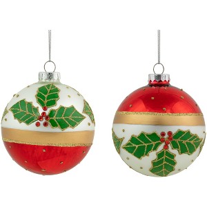 Northlight Holly and Berry Striped Christmas Glass Ball Ornaments - 4" - White and Red - Set of 2 - 1 of 4