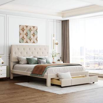 Queen/Full Size Storage Bed Velvet Upholstered Platform Bed with a Big Drawer-ModernLuxe