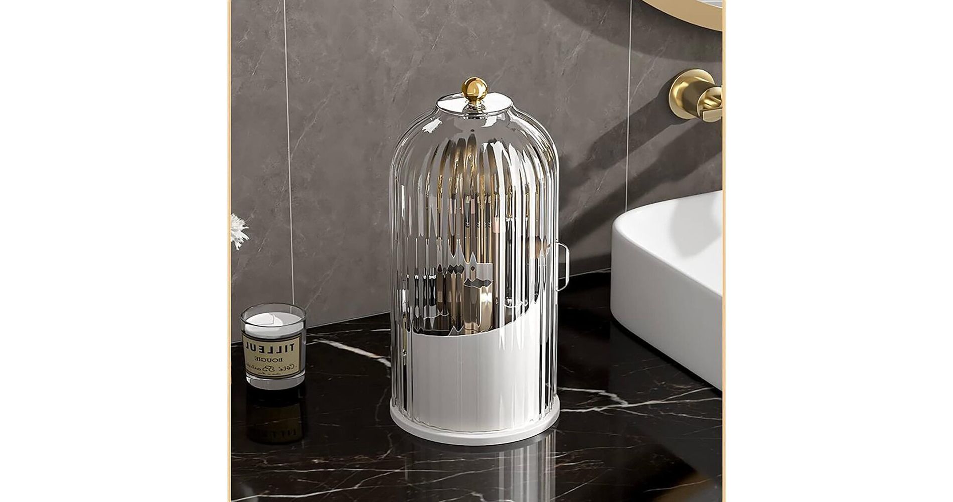 Zeus & Ruta White Toothbrush Holder with Sliding Lid - Bathroom Vanity Organizer for Toothpaste & Makeup Brushes