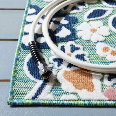 Green and Navy Floral Synthetic 4' x 6' Reversible Area Rug
