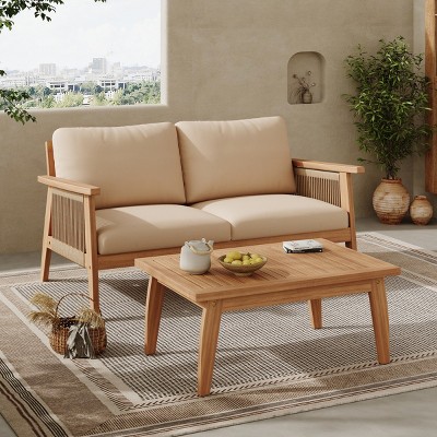 2-Piece Outdoor Small Space Patio Chat Set with Rope-Back Acacia Wood Sofa and Coffee Table, Modern Seating for Porch or Balcony-The Pop Home