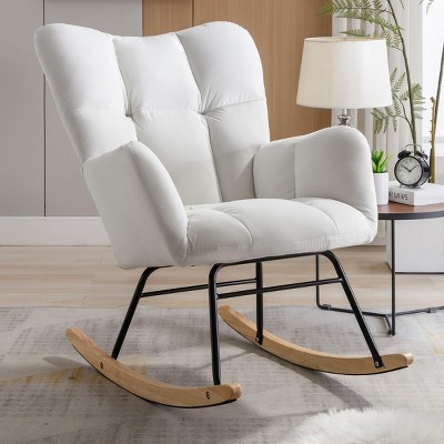 Image of Rocking Chair Soft White Velvet Fabric Rocking Chair For Nursery,Comfy Wingback Rocker Chair With Solid Wood Base Indoor Rocking Chair-Maison Boucle