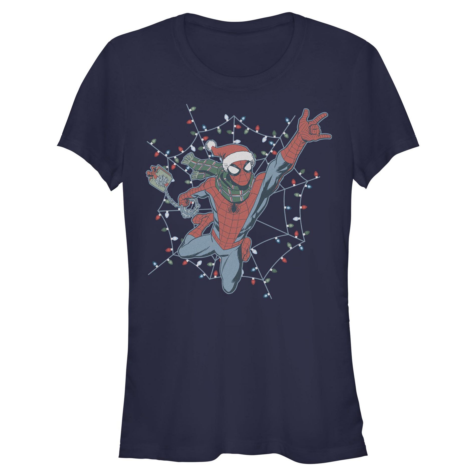 Juniors Marvel Christmas Lights Web Swing T Shirt - Navy Blue - X Large