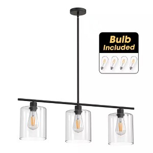 DORESshop 3-Light Black Industrial Island Pendant Light Fixtures, Linear Chandelier with Clear Glass Shade(Bulb Included) - 1 of 4