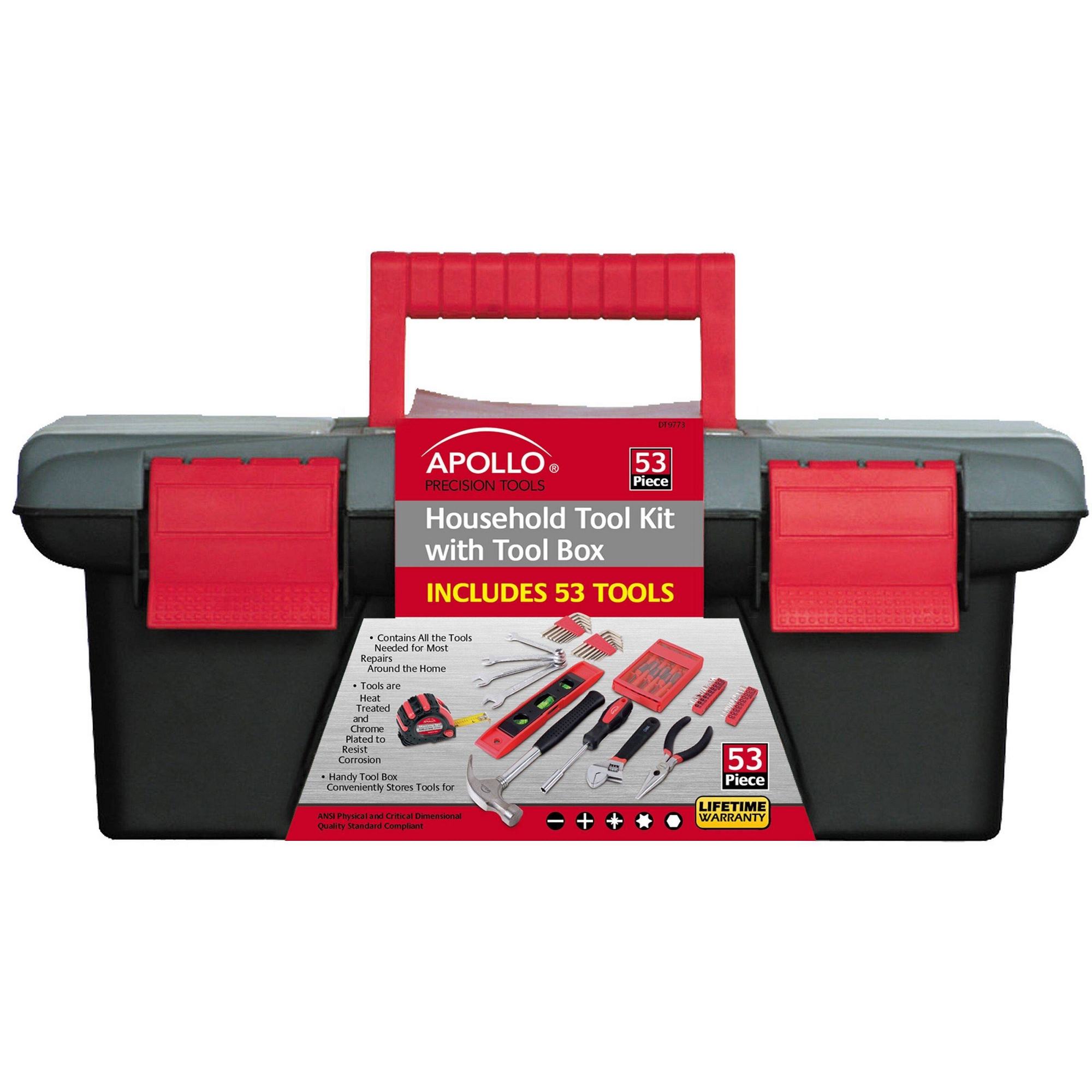 Apollo Tools 53pc DT9773 Household Tool Kit with Tool Box Red: Comfort-Grip, Interchangeable Bits, Easy Storage