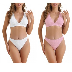 INSPIRE CHIC Women's V Neck Crisscross Back Drawstring Triangle Bottoms Swimwear Bathing Bikini Suits 2 Sets - 1 of 4