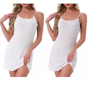 INSPIRE CHIC Women's 2 Pcs Spaghetti Strap Sleeveless Ruffle Hem Pointelle Mini Sleep Shirt - 1 of 4
