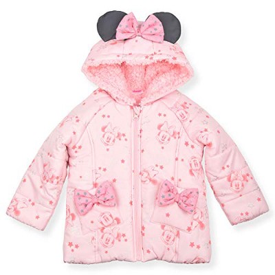 Disney Girl's Minnie Mouse Graphic Printed Faux Sherpa Fleece Lined Hooded Puffer Jacket with Ears and Bow for kids