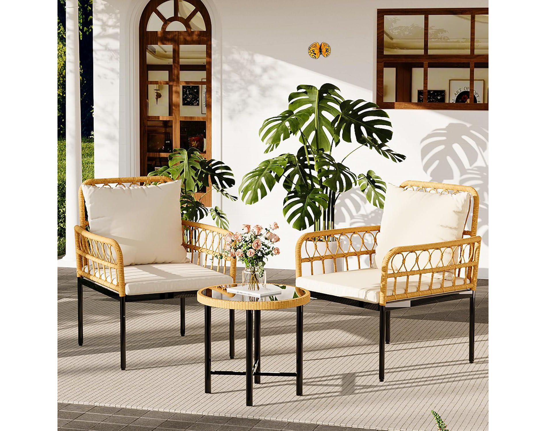 3 Piece Patio Bistro Set, Wicker Outdoor Furniture Sets,  2 Chairs with 1 Table, Beige