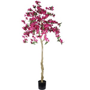 Gulches 6FT in Artificial Dark Pink Flower Green Leaf Bougainvillea Tree in Black Plastic Pot 1pc Set Faux Flowering Indoor Home Decor - 1 of 4
