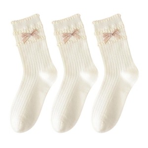 Anna-Kaci 3-Pack Women's Cotton Crew Socks with Ribbed Knit, Satin Bow Accen - 1 of 4