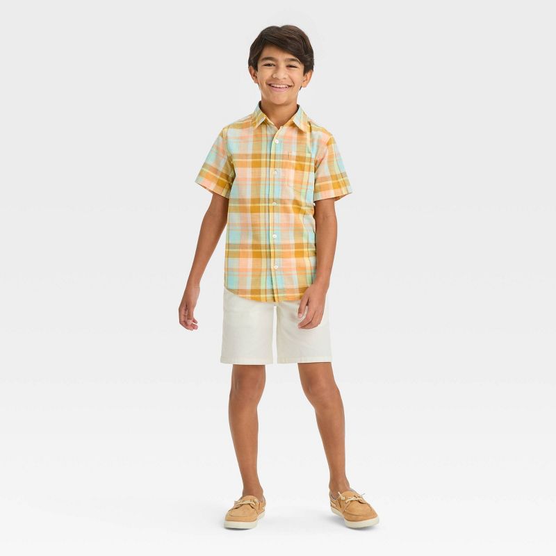 Boys' Short Sleeve Poplin Button-Down Shirt - Cat & Jack™ Light Blue/Orange, 4 of 6