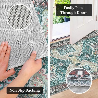 Modern Thin Rug Oriental Floral Carpet Design for Living Room Bedroom Dorm Kitchen Contemporary Decor - Non Slip, Machine Washable
