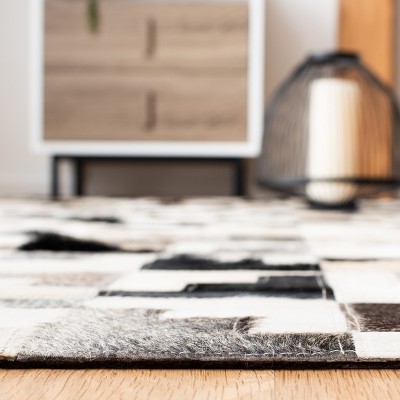 Ivory and Black Geometric Cowhide Patchwork Area Rug 8' x 10'