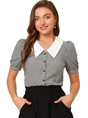 INSPIRE CHIC Women's Gingham Check Puff Sleeve Contrast Collar Button Down Shirt