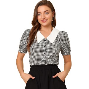 INSPIRE CHIC Women's Gingham Check Puff Sleeve Contrast Collar Button Down Shirt - 1 of 4