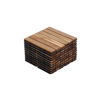 Interlocking Deck Tiles Striped Pattern, 12" x 12" Square Yellow Acacia Hardwood Outdoor Flooring for Patio
