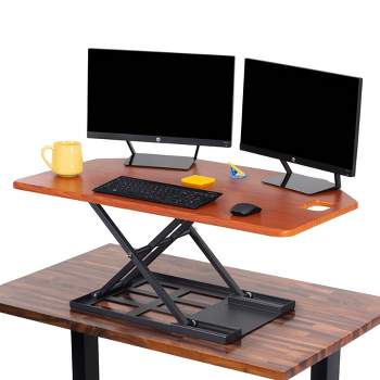 X-Elite Premier Corner Standing Desk Converter with Pneumatic Height Adjustment – Cherry – Stand Steady
