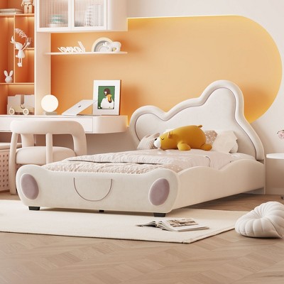 Twin/Full/Queen Size Velvet Upholstered Platform Bed with Bear-Shaped Headboard and Bed-End Storage Pocket 4W - ModernLuxe