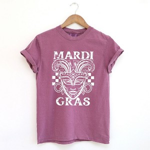 Simply Sage Market Women's Mardi Gras Mask Distressed Short Sleeve Garment Dyed Tee - 1 of 4