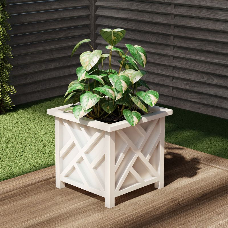 Nature Spring Lattice Design Planter Box – 14.75-Inch-Square Decorative Outdoor Flower or Plant Pot – White, 3 of 5