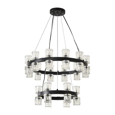 PAKOKULA Modern 36-Light Black 2-Tier Wagon Wheel Chandelier with Clear Cystal Shades with bulbs included