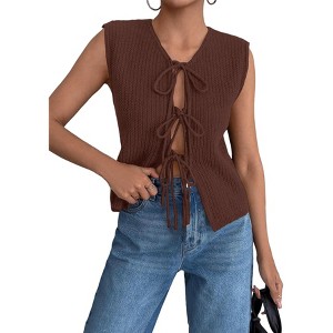 Women's Lace-Up Knit Vest Cardigan, Sleeveless V-Neck Sweater Vest with Adjustable Ties for Casual & Layered Outfits - 1 of 4