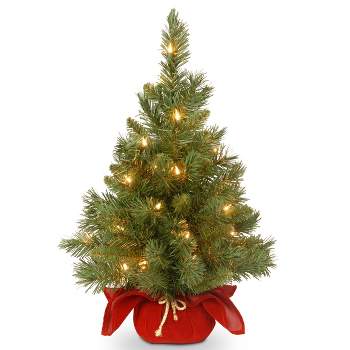 National Tree Company 24" Pre-Lit Majestic Spruce Artificial Tree in Burgundy Cloth Bag with 35 Warm White Battery Operated LED Lights