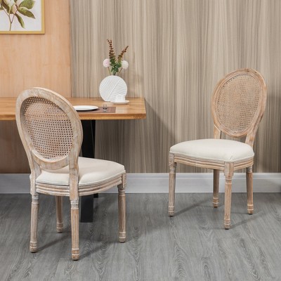Cream White Distressed Rattan Back Upholstered Side Chairs, Set of 3