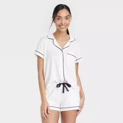 Women's Beautifully Soft Short Sleeve Notch Collar Top and Shorts Pajama Set - Stars Above™ White XXL