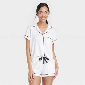 Women's Beautifully Soft Short Sleeve Notch Collar Top and Shorts Pajama Set - Stars Above™ White